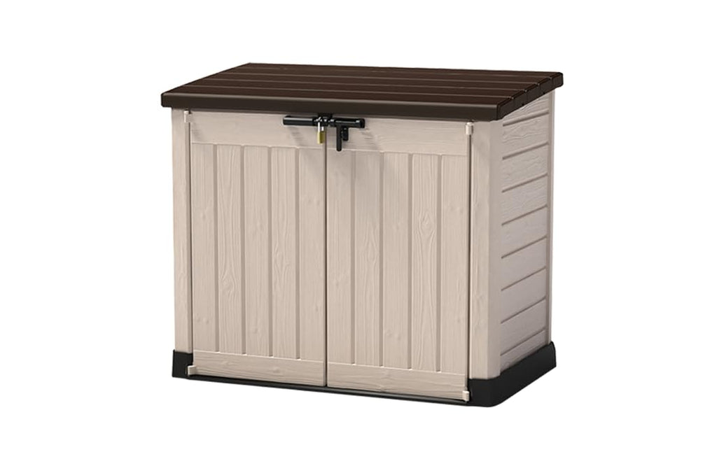 Keter Store it out Max Mülltonnenbox mit Gasdruckfeder, wetterfest, abschließbar, beige, 1.200 L, 145,5 x 82 x 125cm