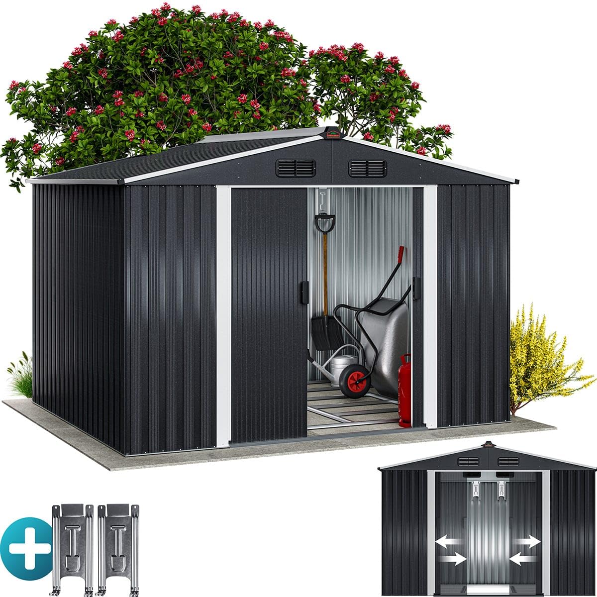 GARDEBRUK® XXL Metall Gerätehaus 5m² mit Fundament 260x205x180cm Schiebetür Metallic-Grau Geräteschuppen Gartenhaus 9m³