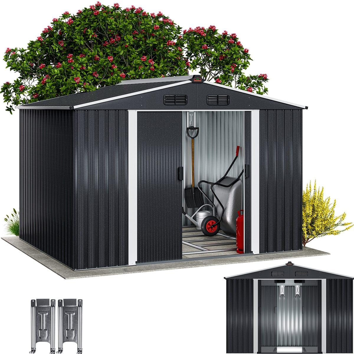 GARDEBRUK® XXL Metall Gerätehaus 5m² mit Fundament 260x205x180cm Schiebetür Metallic-Grau Geräteschuppen Gartenhaus 9m³