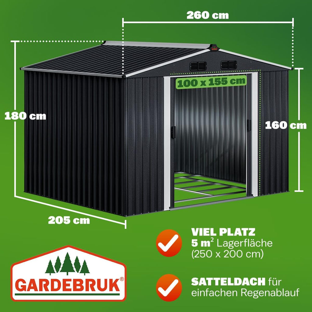 GARDEBRUK® XXL Metall Gerätehaus 5m² mit Fundament 260x205x180cm Schiebetür Metallic-Grau Geräteschuppen Gartenhaus 9m³