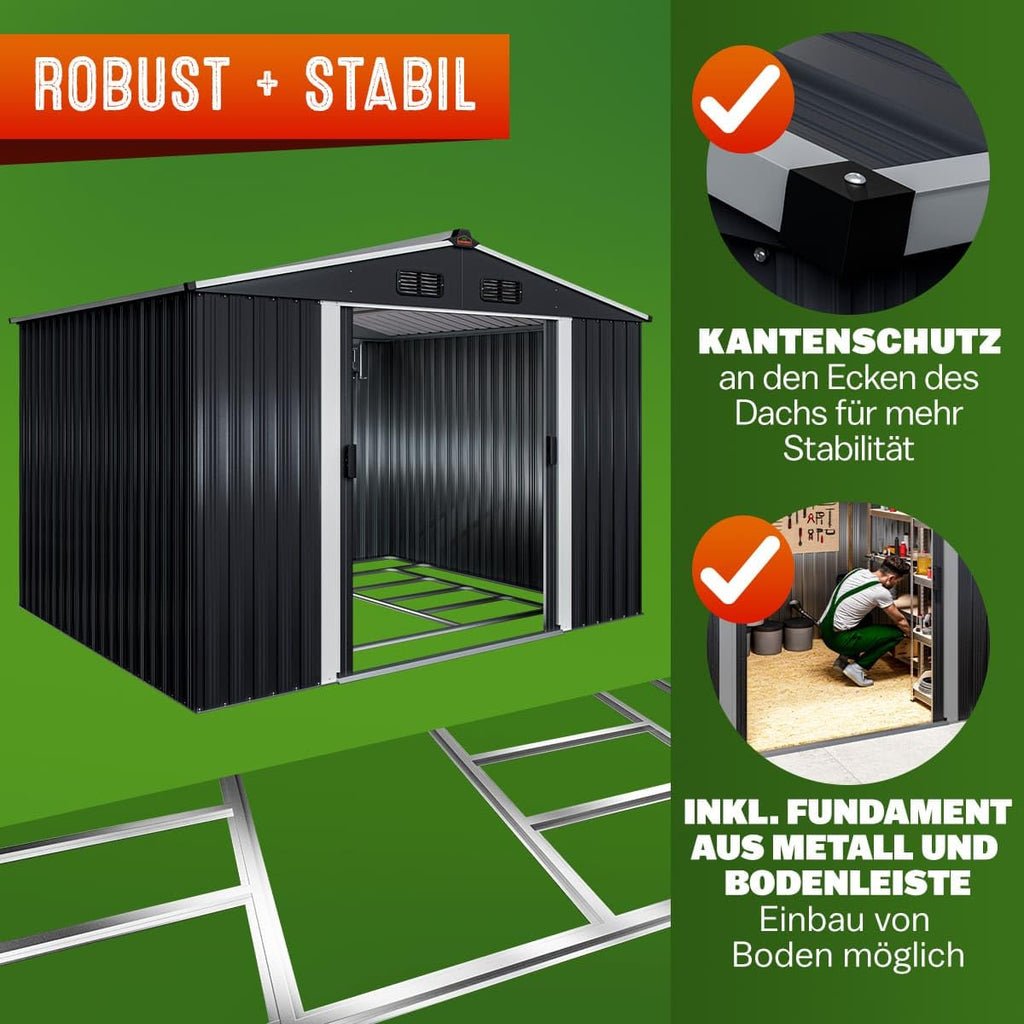 GARDEBRUK® XXL Metall Gerätehaus 5m² mit Fundament 260x205x180cm Schiebetür Metallic-Grau Geräteschuppen Gartenhaus 9m³
