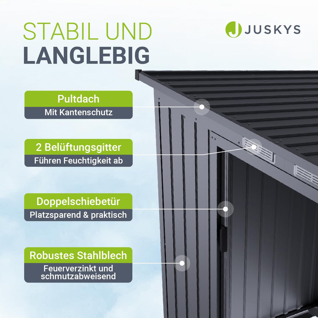 Juskys Metall Geräteschuppen M – Dunkelgrau, wetterfest mit Fundamentrahmen, Schiebetür & abschließbar - für Garten & Aufbewahrung