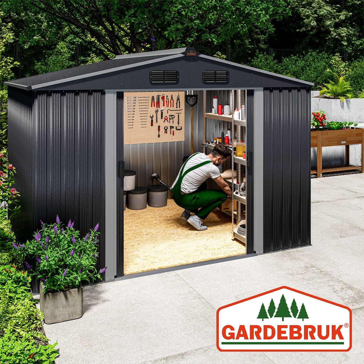 GARDEBRUK® XXL Metall Gerätehaus 5m² mit Fundament 260x205x180cm Schiebetür Metallic-Grau Geräteschuppen Gartenhaus 9m³