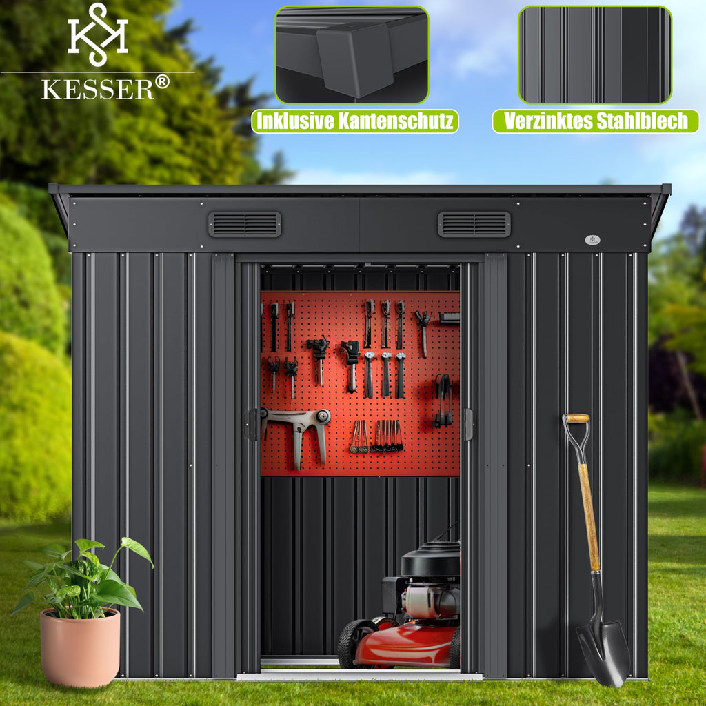 KESSER® - Gerätehaus L Metall 4 m³ mit Fundament | 194x112x181 cm | 2X Schiebetür & Fundament | Geräteschuppen | Gartenhaus Schrank | Pultdach Garten Schuppen, Ink. Arbeitshandschuhe, Anthrazit