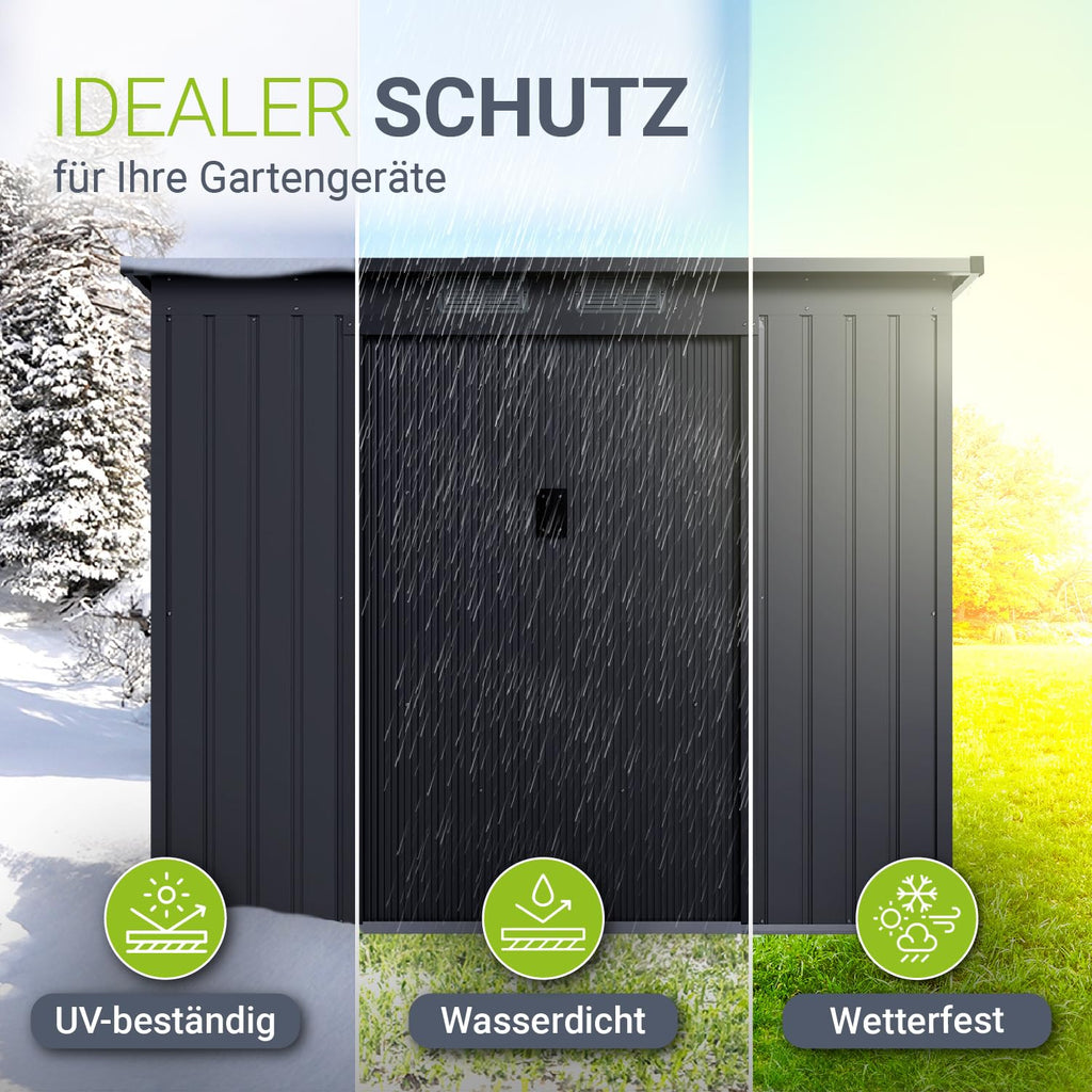 Juskys Metall Geräteschuppen M – Dunkelgrau, wetterfest mit Fundamentrahmen, Schiebetür & abschließbar - für Garten & Aufbewahrung