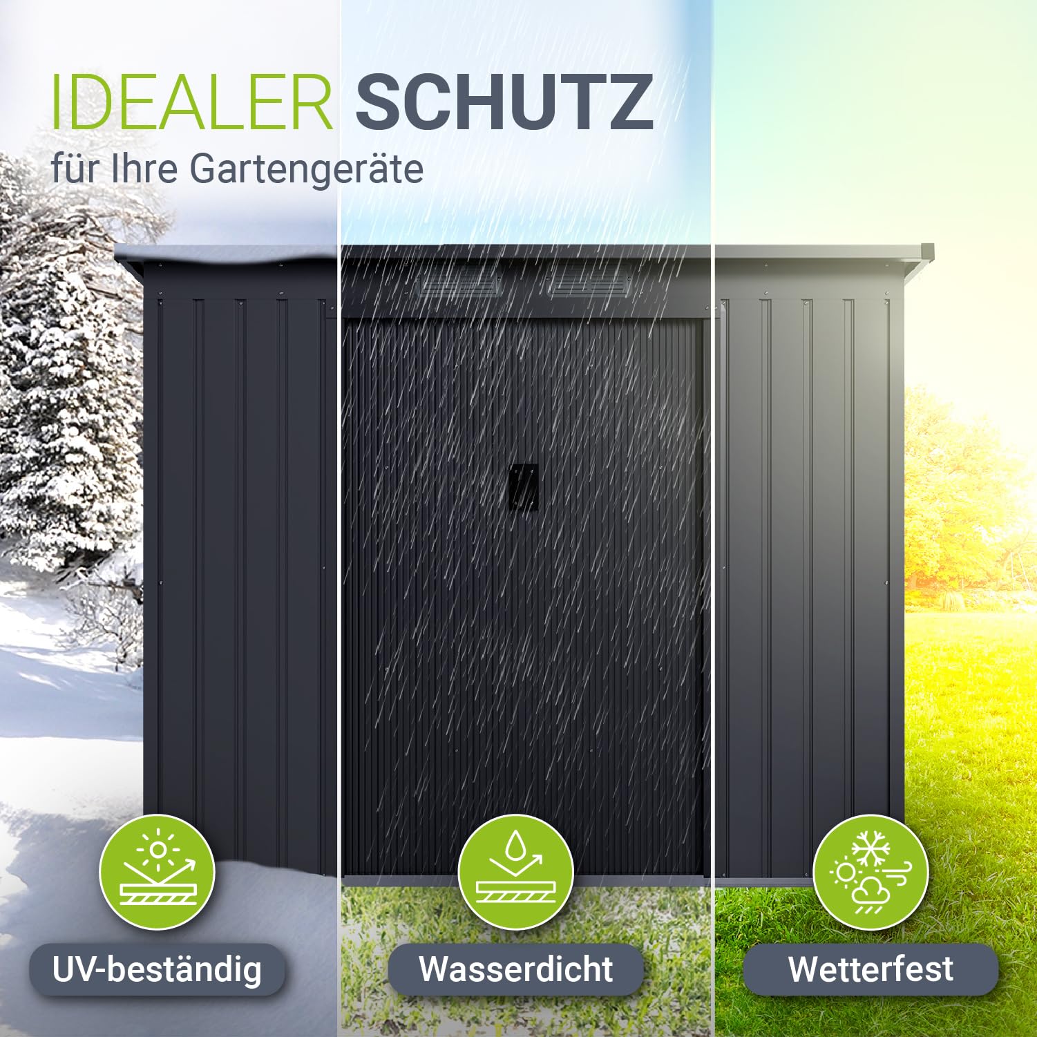 Juskys Metall Geräteschuppen M – Dunkelgrau, wetterfest mit Fundamentrahmen, Schiebetür & abschließbar - für Garten & Aufbewahrung