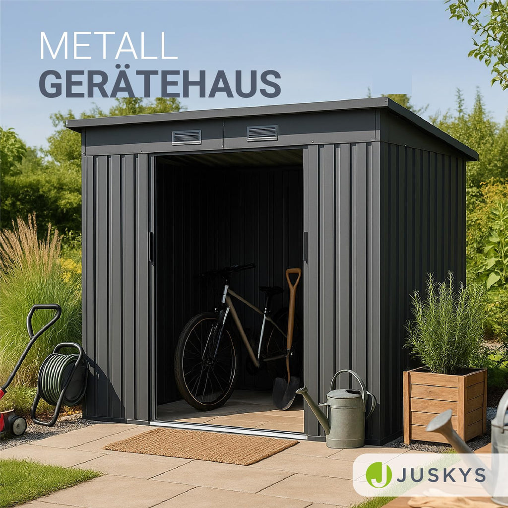 Juskys Metall Geräteschuppen M – Dunkelgrau, wetterfest mit Fundamentrahmen, Schiebetür & abschließbar - für Garten & Aufbewahrung