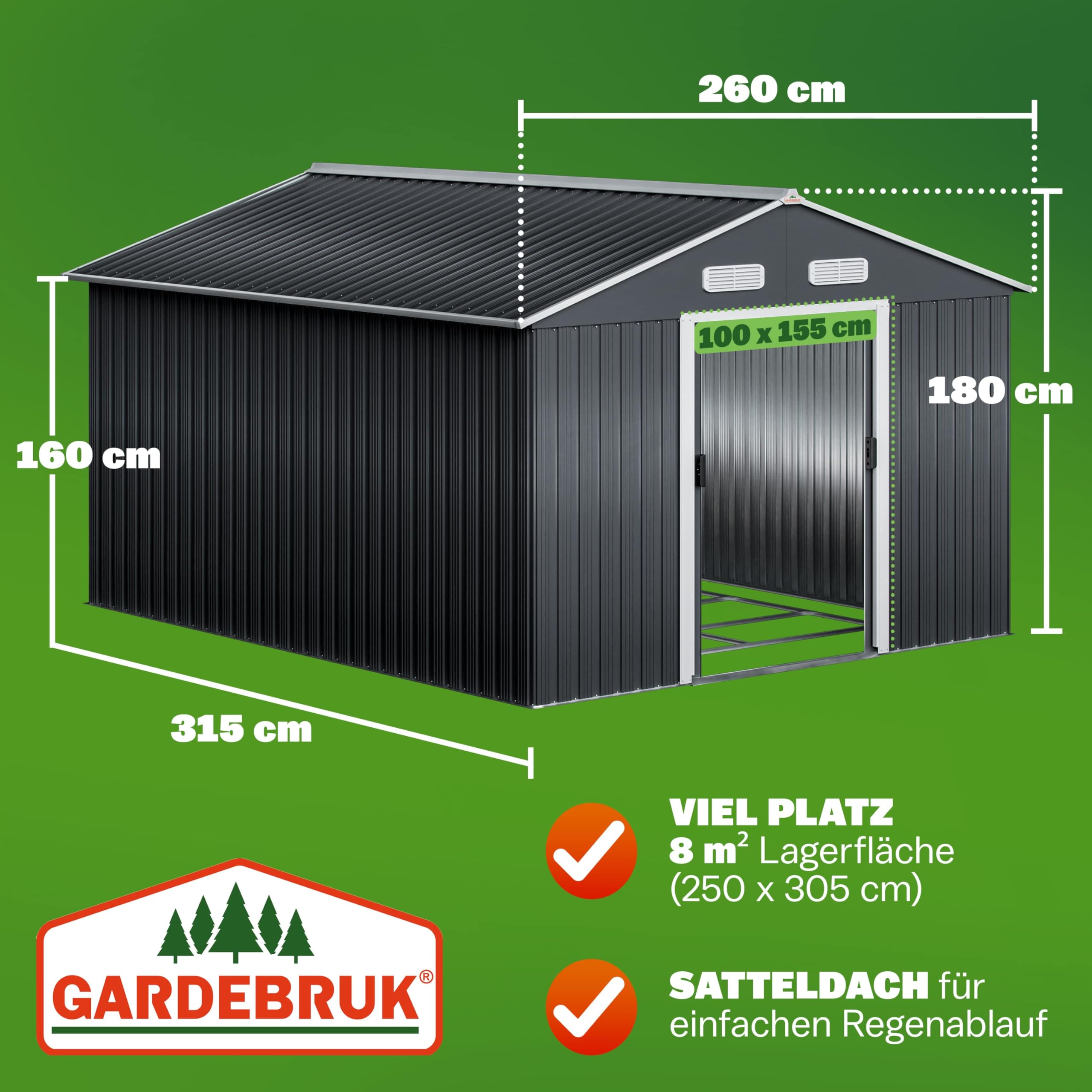 GARDEBRUK® XXXL Metall Gerätehaus 8m² mit Fundament 315x260x180cm Schiebetür Anthrazit Geräteschuppen Gartenhaus 15m³