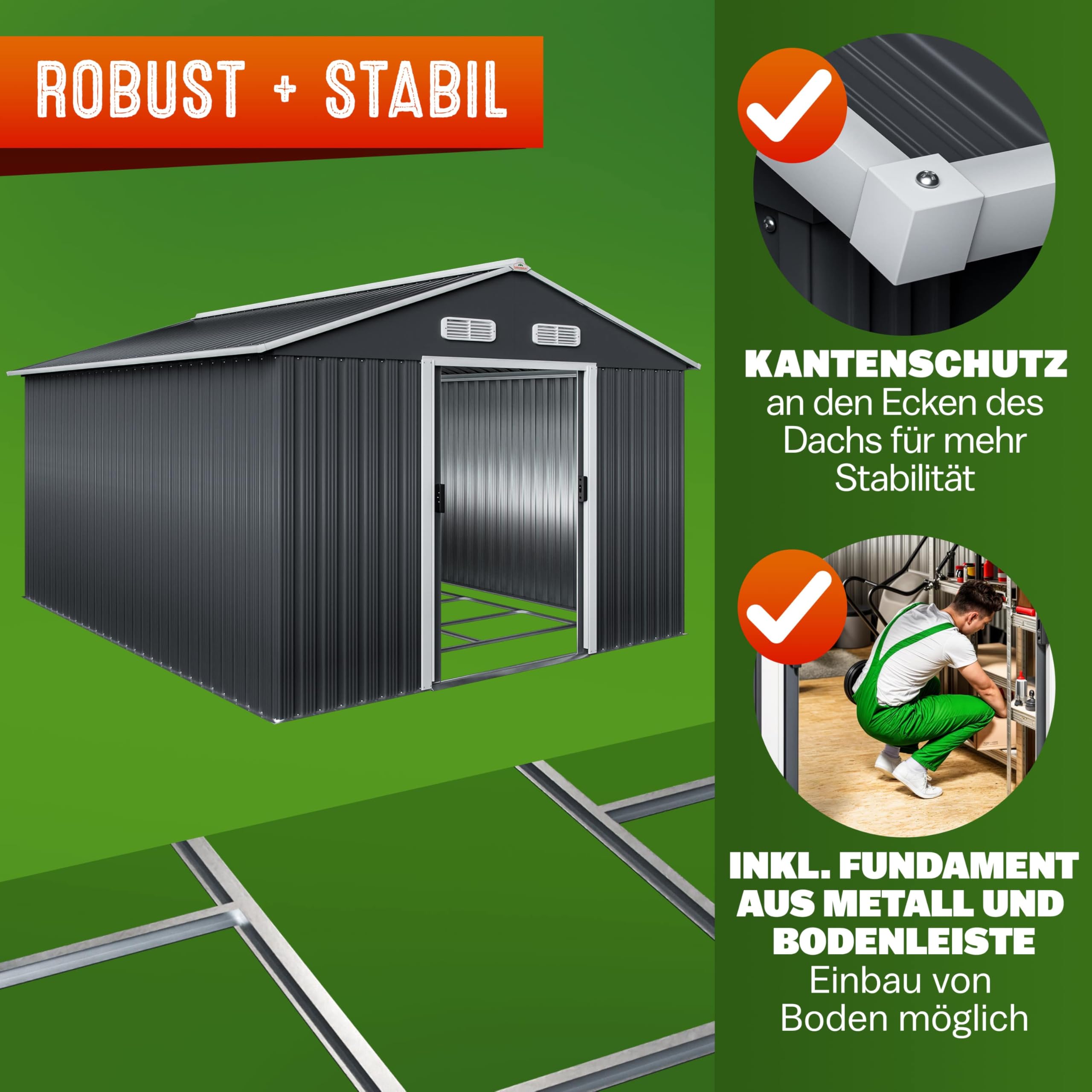 GARDEBRUK® XXXL Metall Gerätehaus 8m² mit Fundament 315x260x180cm Schiebetür Anthrazit Geräteschuppen Gartenhaus 15m³