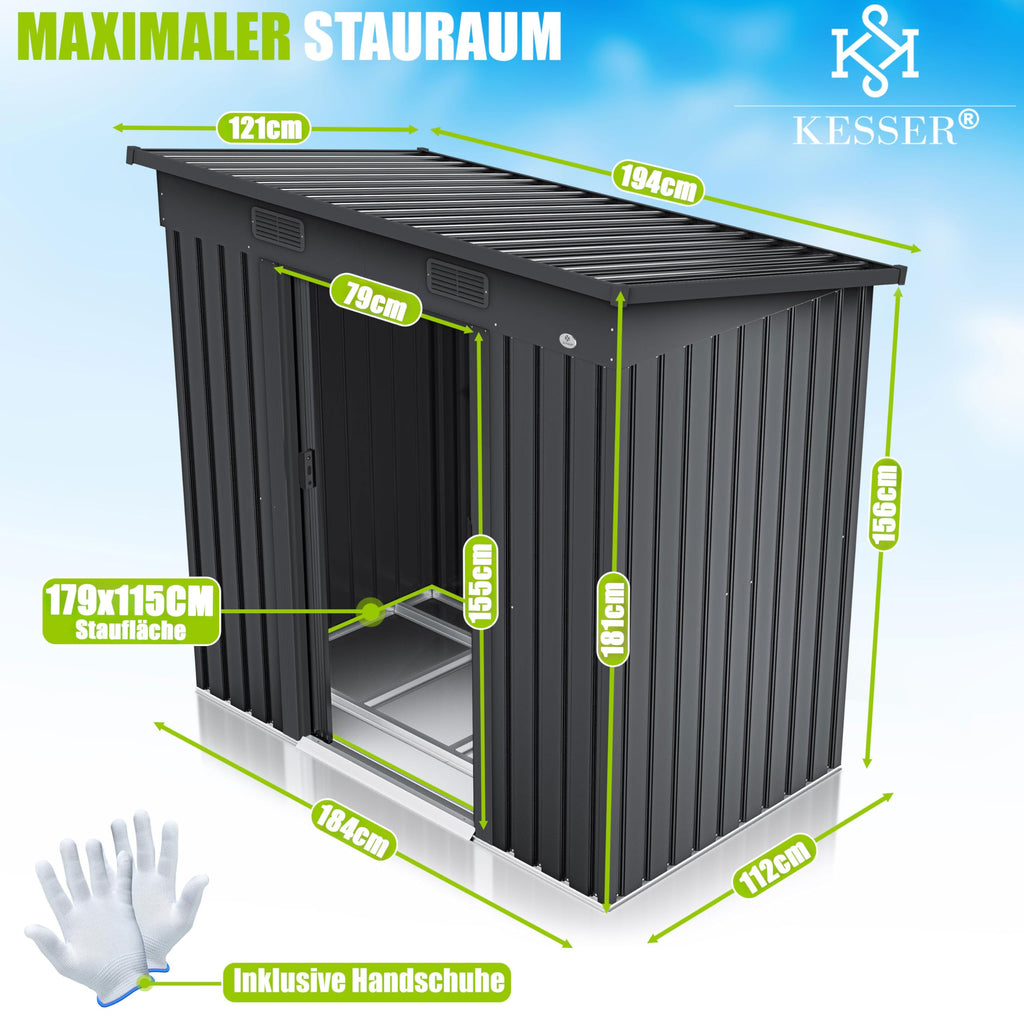 KESSER® - Gerätehaus L Metall 4 m³ mit Fundament | 194x112x181 cm | 2X Schiebetür & Fundament | Geräteschuppen | Gartenhaus Schrank | Pultdach Garten Schuppen, Ink. Arbeitshandschuhe, Anthrazit