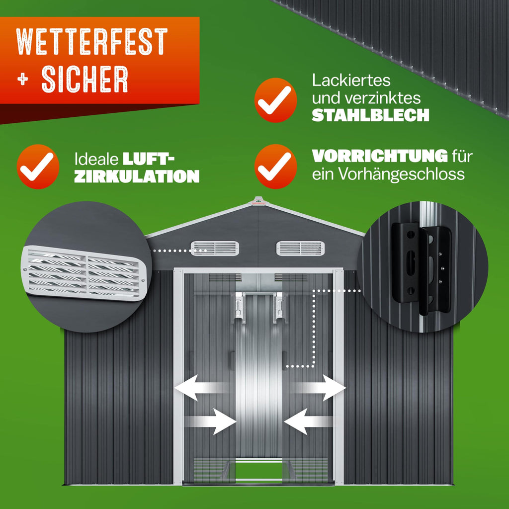 GARDEBRUK® XXXL Metall Gerätehaus 8m² mit Fundament 315x260x180cm Schiebetür Anthrazit Geräteschuppen Gartenhaus 15m³