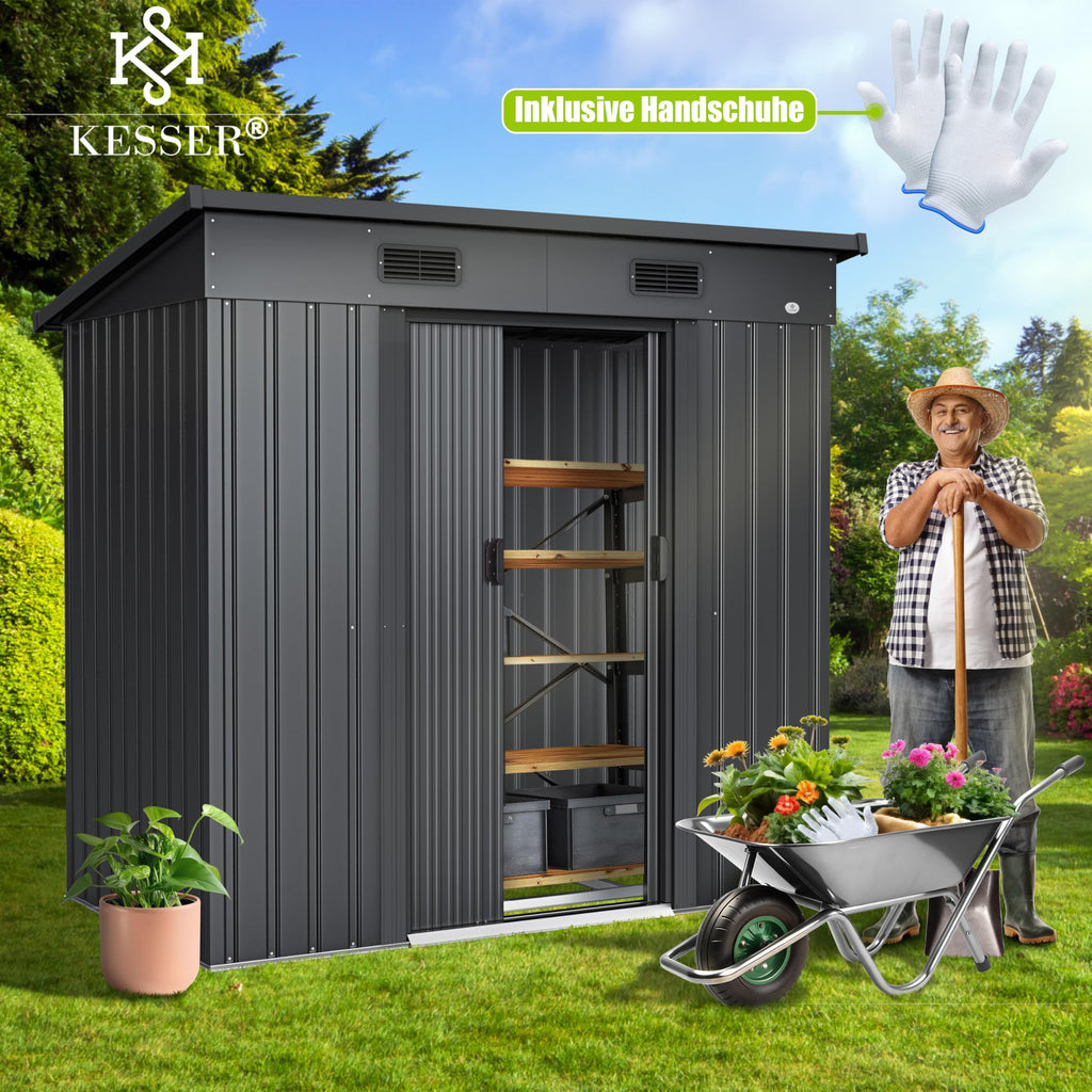 KESSER® - Gerätehaus L Metall 4 m³ mit Fundament | 194x112x181 cm | 2X Schiebetür & Fundament | Geräteschuppen | Gartenhaus Schrank | Pultdach Garten Schuppen, Ink. Arbeitshandschuhe, Anthrazit