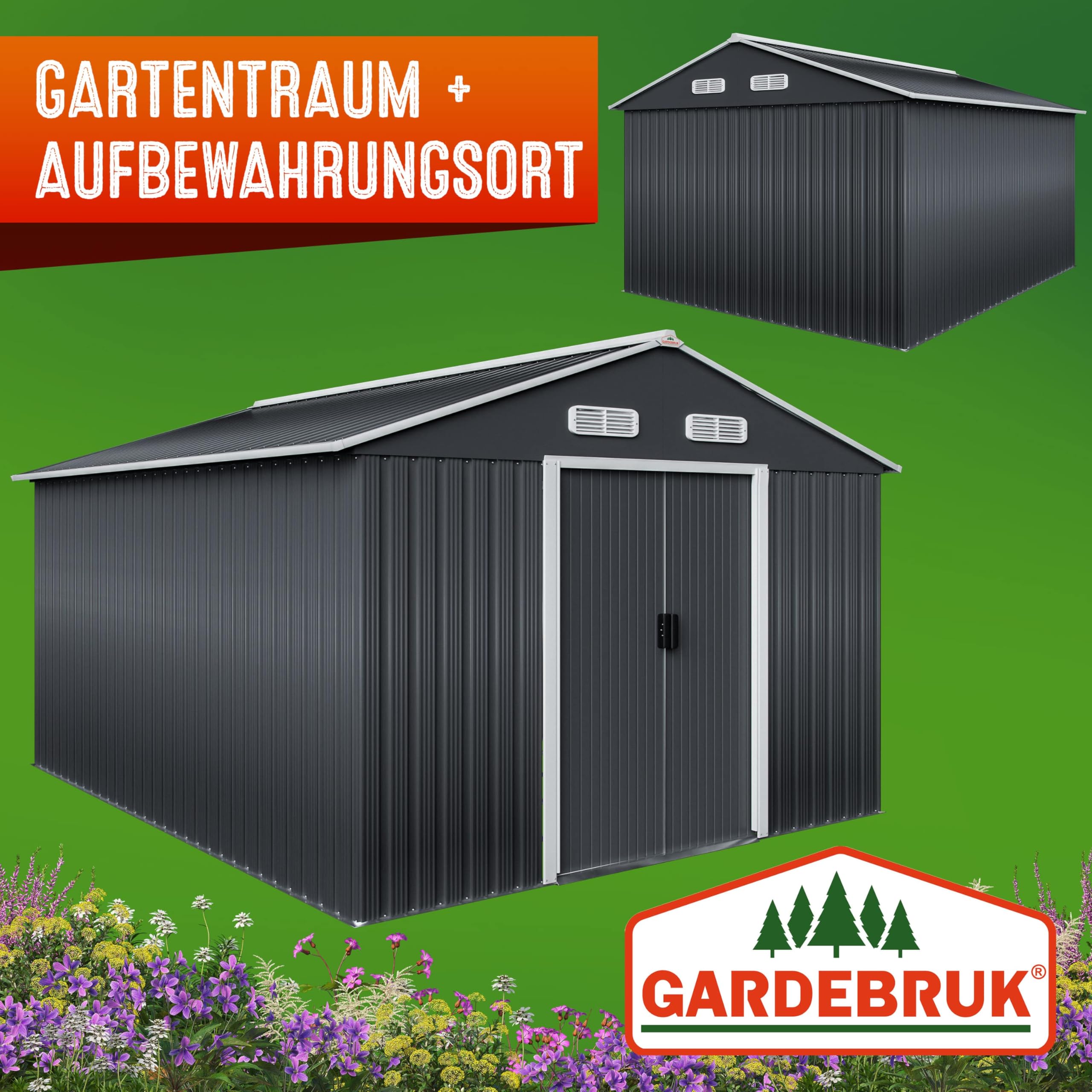 GARDEBRUK® XXXL Metall Gerätehaus 8m² mit Fundament 315x260x180cm Schiebetür Anthrazit Geräteschuppen Gartenhaus 15m³