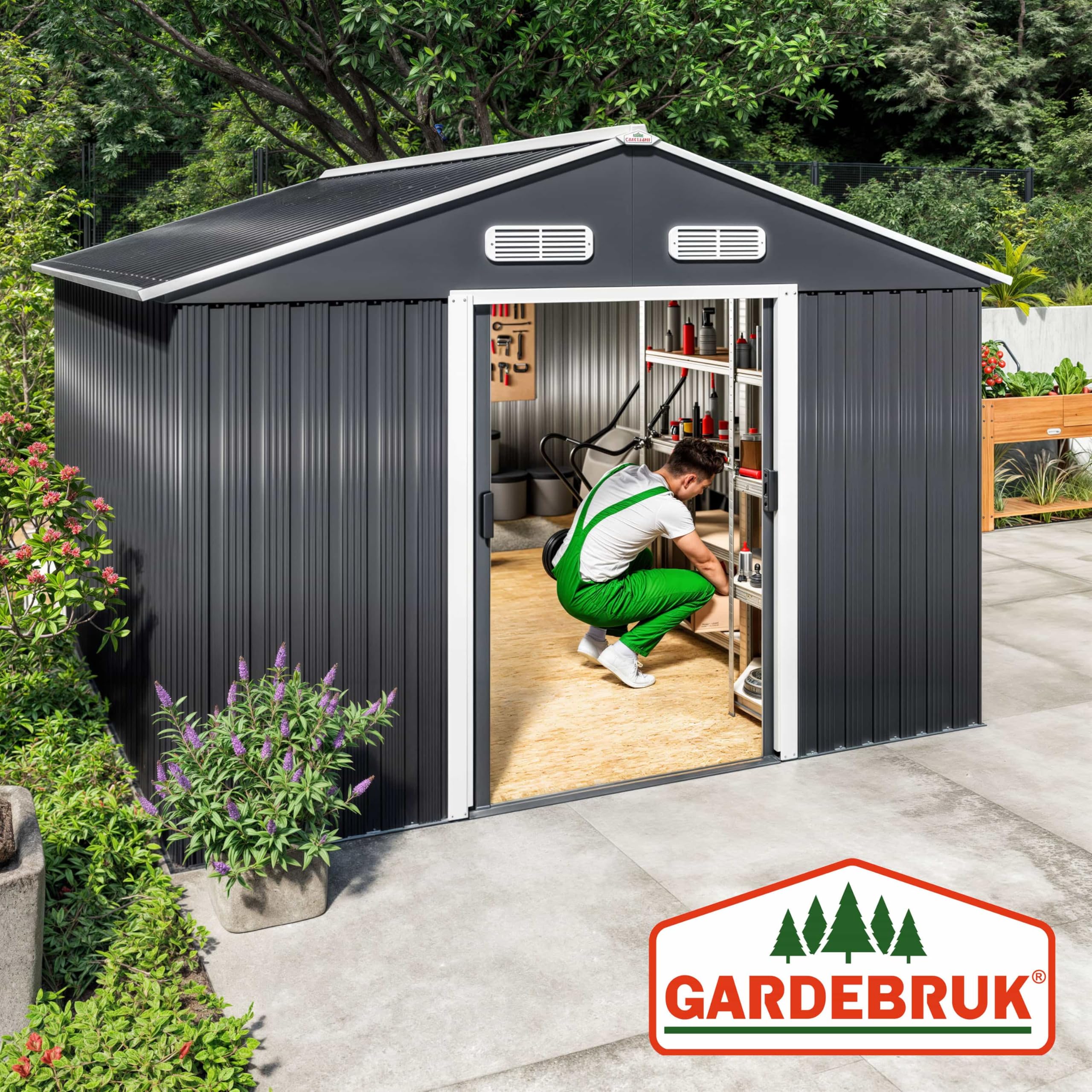 GARDEBRUK® XXXL Metall Gerätehaus 8m² mit Fundament 315x260x180cm Schiebetür Anthrazit Geräteschuppen Gartenhaus 15m³