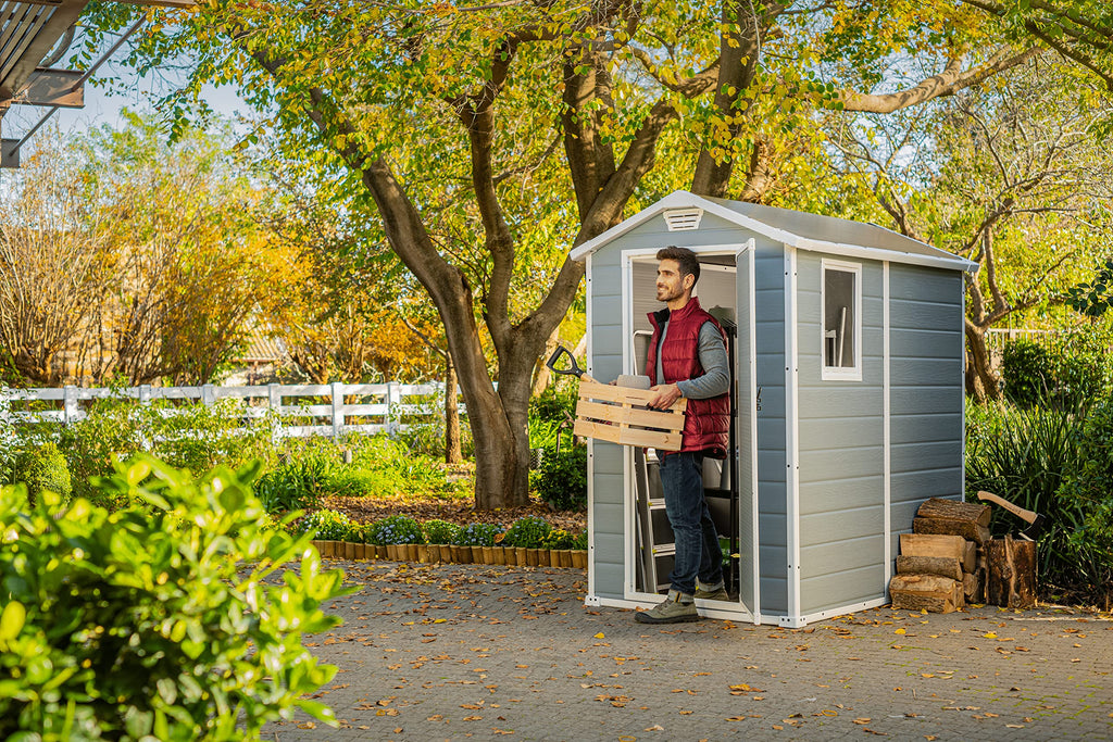 Keter Manor 4x6S Gartenhaus wetterfest 3.8m³, Kunststoff, Outdoor, Außenmaße: BxTxH:130x192x198cm, Innenmaße: BxTxH:111x177x190cm, grau